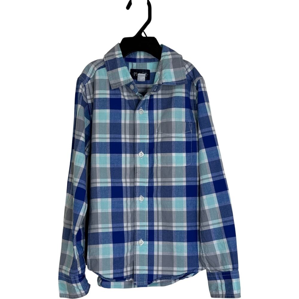 The Children's Place Boys Button-Up Shirt 5/6 Blue Gray Plaid Long Sleeve Cotton
